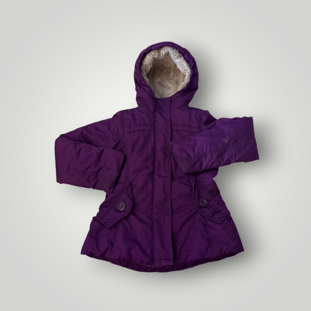 Lands End Parka Jacket Girls Large Purple Faux Fur Hood Insulated Cozy